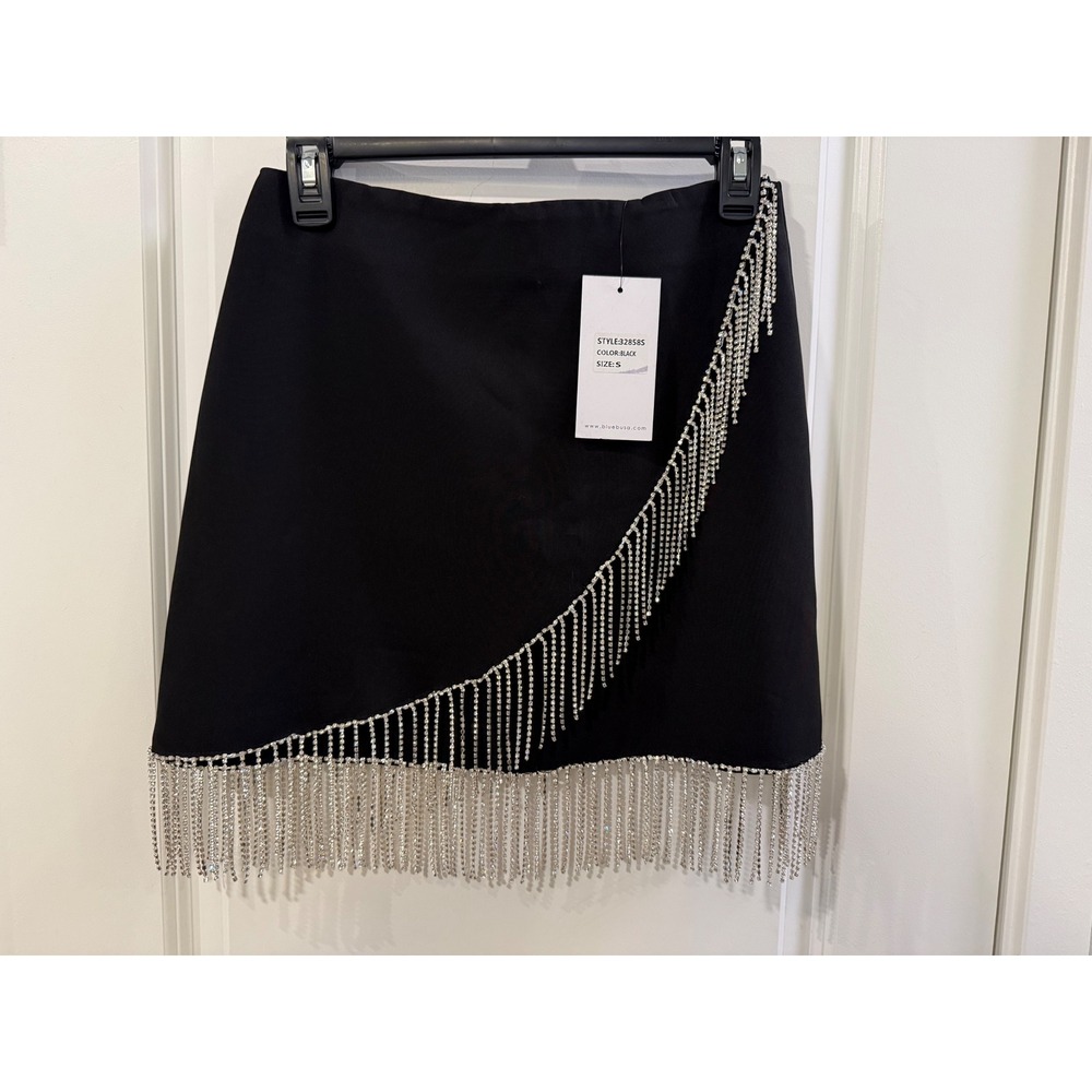 Blue B.‎ Collection Black Rhinestone Fringe Mini Skirt 32858S Womens Small NWT